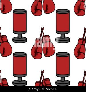 Seamless vector pattern featuring cartoon boxing gloves and punching bags, a vibrant design ideal for sportswear or gym-themed projects. Stock Vector