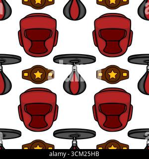 Seamless vector pattern featuring boxing headgear, championship belt, and punching bag, illustrated in a bold cartoon style with contrasting red and d Stock Vector