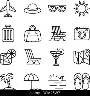 Summer vacation and travel icon set in minimalist hand-drawn illustrations Stock Vector