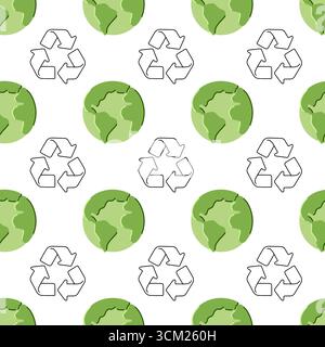 Seamless eco pattern with green earth globe and recycle symbol. Minimalistic environmental background for sustainability, nature, and ecology design Stock Vector