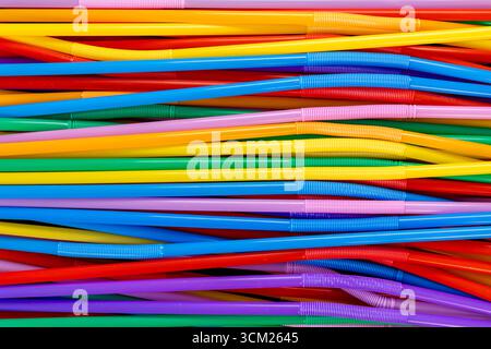 Horizontal Stack of Colorful Bendable Drinking Straws Stock Photo