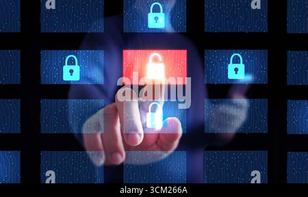 Finger pressing glowing red lock on futuristic interface, symbol of cyber attack risk, information security, digital safety, network protection, hacki Stock Photo