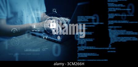 Digital padlock and computer code hologram representing cybersecurity, technology protection, online privacy, hacking prevention, secure data access, Stock Photo