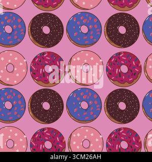 Seamless Pattern of Colorful Frosted Donuts on Pink Background Stock Vector