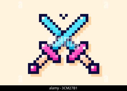Two color crossed pixel art swords drawn in simple Y2K bit style. Stock Vector