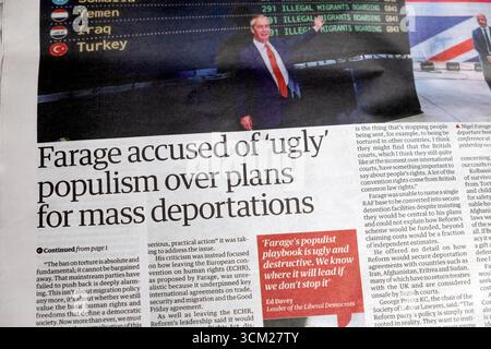 Nigel 'Farage accused of 'ugly' populism over plans for mass deportations' Guardian newspaper headline Reform article 27 August 2025 London England UK Stock Photo