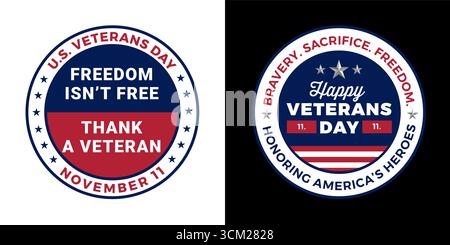 US Veterans Day stickers or badges set - Freedom isn't free Thank a veteran - vector illustrations for Veterans Day Armistice Day meaningful designs Stock Vector