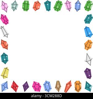 Colored crystals in square frame. Magic gem stones. Crystals of various geometric shapes and sizes Stock Vector