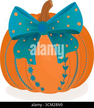 Festive round pumpkin with turquoise bow decorated with polka dot pattern, colorful fall vector clipart Stock Vector