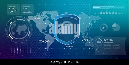 Futuristic digital dashboard displaying a world map with a central security shield icon illustration visualizing global cybersecurity data protection Stock Vector