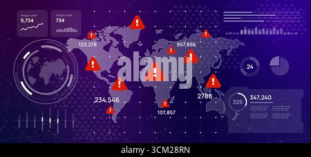 high-tech digital dashboard displaying a world map with red warning signs global crisis cybersecurity threats risk areas futuristic emergency and data Stock Vector