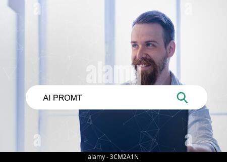 Man searching for AI prompts at a modern workspace in daylight while smiling and engaged in his task Stock Photo