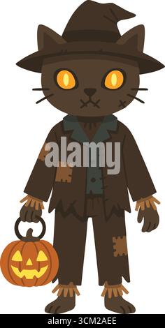 A spooky black cat dressed like a scarecrow with stitched patches wide hat and a glowing pumpkin treat bucket Stock Vector