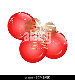 Christmas balls with bow isolated on white background. Red Xmas balls with gold ribbon. Decoration for Christmas tree. New year Stock vector illustrat Stock Vector