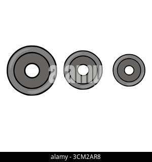 Simple vector illustration of three grayscale concentric circles of decreasing size, reminiscent of weight plates, suitable for fitness or industrial Stock Vector