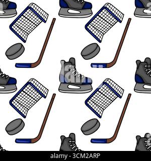 Seamless vector pattern featuring hand-drawn hockey skates, sticks, pucks, and nets in a playful, cartoon style, ideal for sports-themed designs. Stock Vector