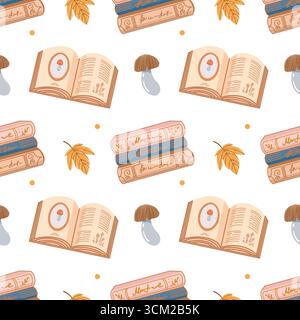Vector seamless pattern with books, mushrooms and autumn leaves. Fall pattern. Hand drawn cartoon cute cozy illustration of different books on white background. Background for design, fabric, packaging, scrapbooking. Vector illustration Stock Vector