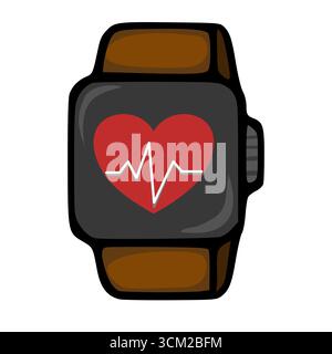 A vector illustration of a smartwatch with a brown leather strap, displaying a red heart with a heartbeat monitor graphic, symbolizing health and fitn Stock Vector