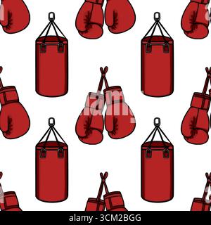 Seamless vector pattern featuring maroon boxing gloves and punching bags, a dynamic illustration perfect for sportswear or gym-themed designs. Stock Vector