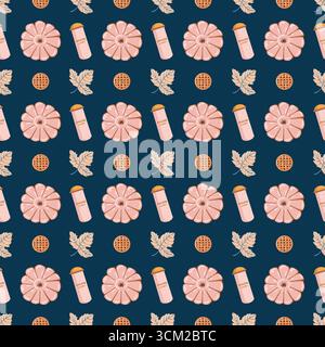 Seamless vector pattern with pumpkin, foliage and thermos in delicate pink and beige tones on a dark blue background. Background for fabric and decor for autumn. For girls. Pastel shades. Vector illustration. Stock Vector