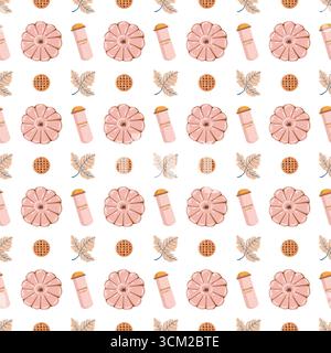 Seamless vector pattern with pumpkin, foliage and thermos in delicate pink and beige tones on a white background. Background for fabric and decor for autumn. For girls. Pastel shades. Vector illustration. Stock Vector