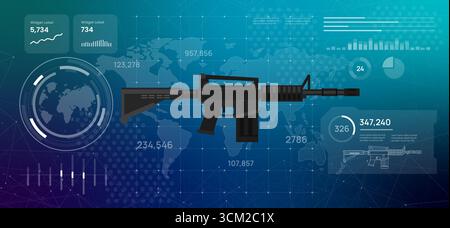 Futuristic digital dashboard displaying global data rifle weapon military statistics icon high-tech illustration visualizing defense systems military Stock Vector