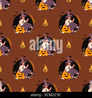 Happy Halloween Seamless pattern. Cute Witch Girl In Hat on Pumpkin lantern Jack with caramel, bats on brown background. Vector illustration for festi Stock Vector