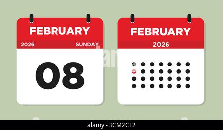 February 8 2026 Sunday Calendar Page Vector Illustration. 8 February calendar page. Day calendar with date February 8. Week Starts on Sunday. Stock Vector