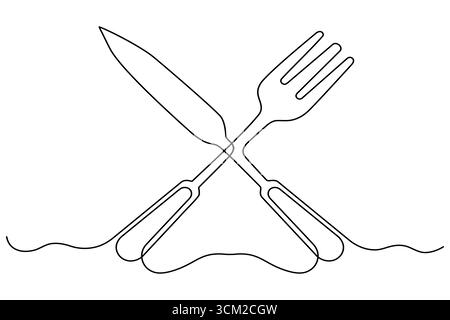 Knife and fork continuous one line art drawing cutlery utensils vector illustration Stock Vector