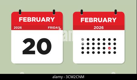 February 20 2026 Friday Calendar Page Vector Illustration. 20 February calendar page. Day calendar with date February 20. Checklist day calendar. Stock Vector