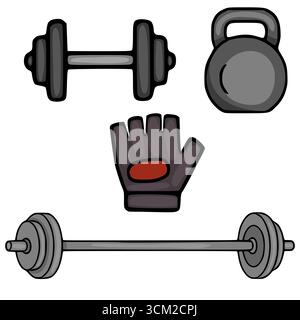 Hand-drawn vector illustration of gym equipment: dumbbells, kettlebell, weightlifting gloves and barbell, isolated on white background. Stock Vector