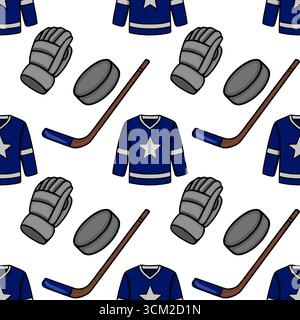 Seamless vector pattern featuring hockey jersey, gloves, stick, and puck in navy blue and gray, ideal for sports-themed designs and backgrounds. Stock Vector
