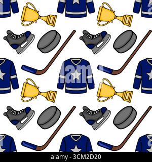 Seamless vector pattern featuring a playful illustration of hockey equipment, including jerseys with a star, skates, pucks, sticks, and golden trophie Stock Vector