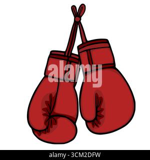 A vector illustration of a pair of red boxing gloves hanging by a tied string, showcasing a bold, hand-drawn style with dark outlines and a slightly g Stock Vector