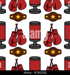 Seamless vector pattern featuring boxing gloves, punching bag, and champion belt, rendered in a vibrant red and brown color scheme, perfect for sports Stock Vector