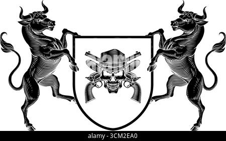 Cowboy Skull Guns Crest Coat of Arms Shield Design Stock Vector