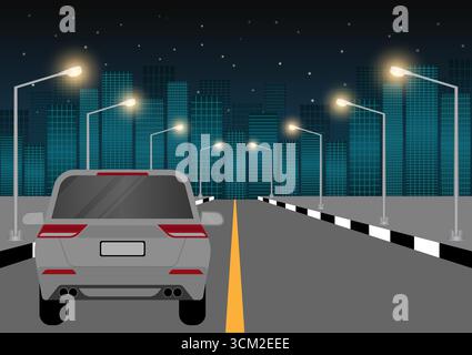 Car Driving along Highway or Asphalt Road at Night. Vector Illustration. Stock Vector