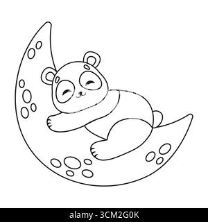 A cute cartoon panda is sleeping on the moon. Colouring page. Isolated white background. Vector illustration. Stock Vector