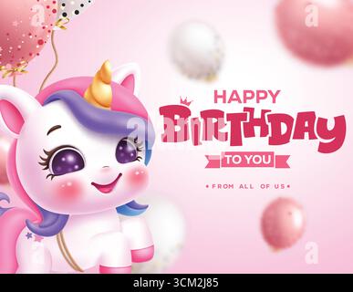 Birthday greeting text clipart design. Pink Unicorn character for kids girl magical and fantasy party theme clip art invitation card template vector Stock Vector
