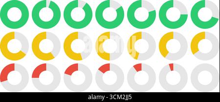 Minimalist vector donut charts with no numbers from 0% to 100% in 5 %, using green, yellow, and red segments for infographic, UI element, and report Stock Vector