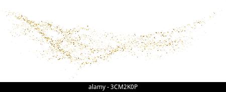 Gold particle confetti with glittered dot wave. Fluid dust stripe and shine. Golden vector curved dashed gradient net for holiday design Stock Vector