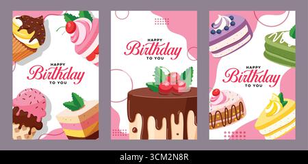 Happy Birthday greeting card clipart poster set. Birthday invitation card template clip art with sweet dessert like cake and cupcake in pink abstract Stock Vector