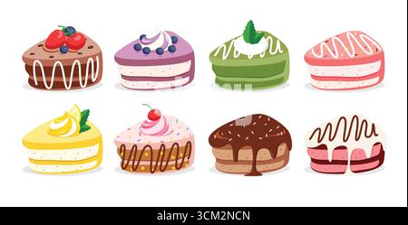Birthday Cake clipart set. Slice of Birthday Cake elements clip art with chocolate and fruit flavor toppings for birthday party celebration sweet Stock Vector