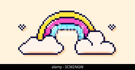 Pixel art Y2K cute color rainbow and clouds. Stock Vector