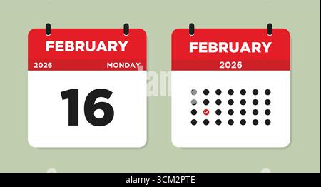 February 16 2026 Monday Calendar Page Vector Illustration. 16 February calendar page. Day calendar with date February 16. Week Starts on Sunday. Stock Vector