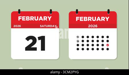 February 21 2026 Saturday Calendar Page Vector Illustration. Day calendar with date February 21. Week Starts on Sunday. Modern Calendar template icon. Stock Vector