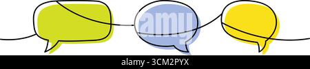 Minimalist continuous line art with three speech bubbles in yellow, green and blue colors. Modern outline art for chat and communication themes Stock Vector