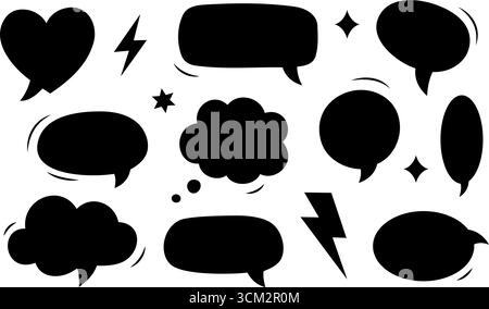 Black comic speech bubbles and thought clouds set. Cartoon talk balloons for communication and graphic design Stock Vector