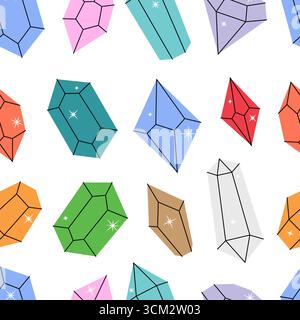 Crystals pattern. Gems of different shapes. Gemstones, amethyst, ruby, sapphire, emerald, topaz and quartz. Vector illustration Stock Vector