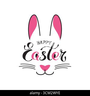 Happy Easter rabbit poster lettering. Easter bunny ears. Handwritten typography logo of a cute rabbit. Hand drawn funny bunny. Postal greeting card Stock Vector